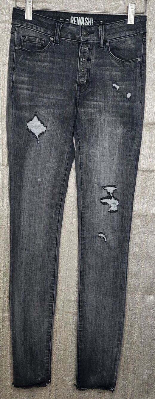 High Rise Skinny Ankle Jeans 1/25 Black Gray Distressed Button Fly Frayed Hem
